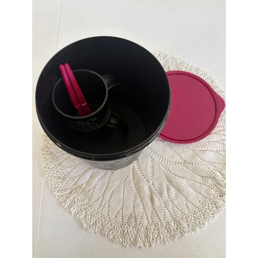 Tupperware MCM Coffee Canister Set Black Magenta Pink Mugs Spoons 5 Piece Set